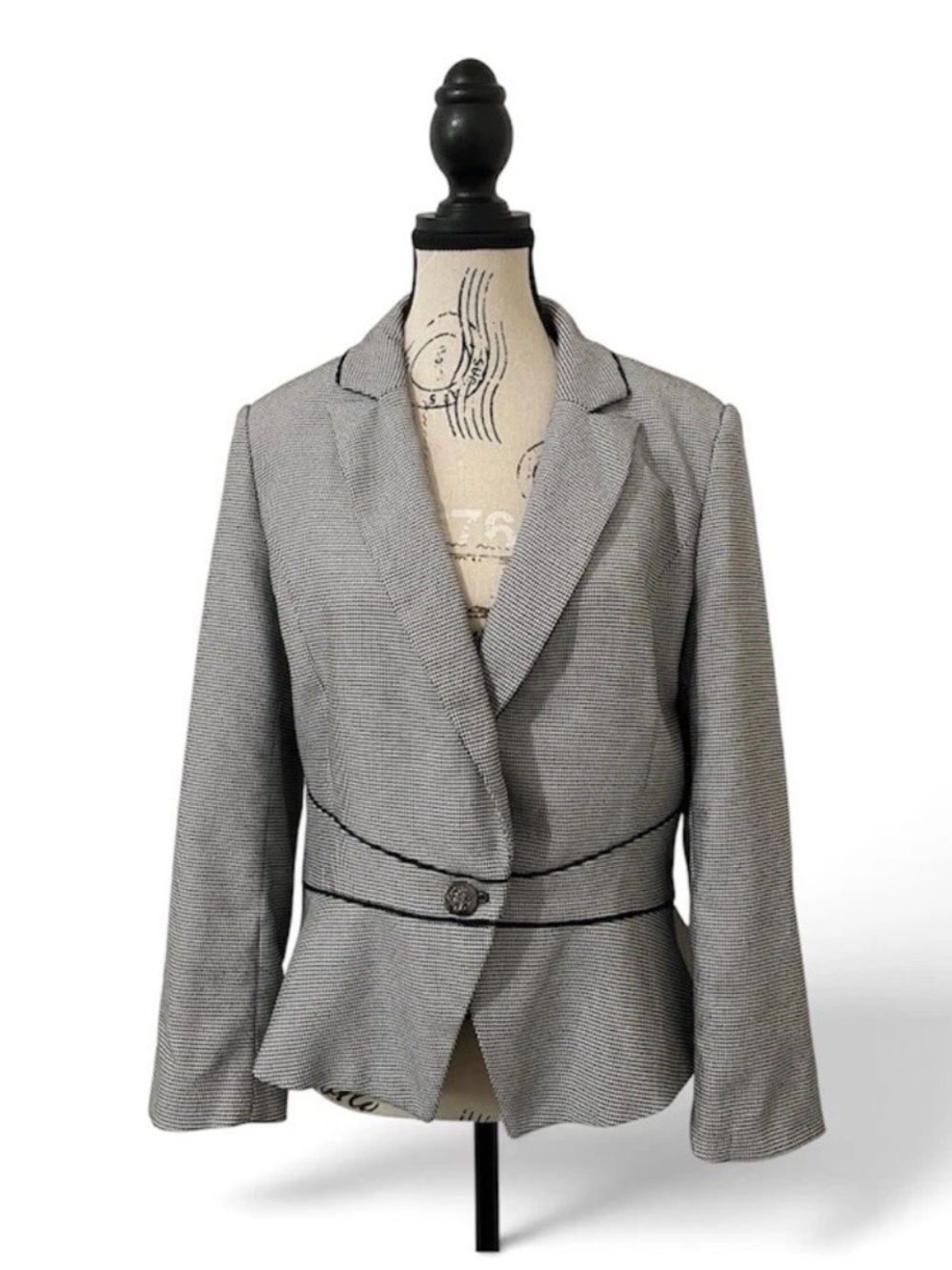 White House Black Market Houndstooth Peplum Blazer Jacket Black White Size 12